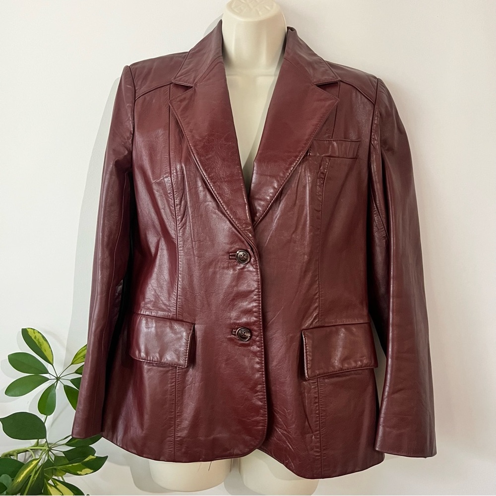 Vintage Maroon Leather Blazer Womens 9/10 Tailored Jacket Montgomery Ward